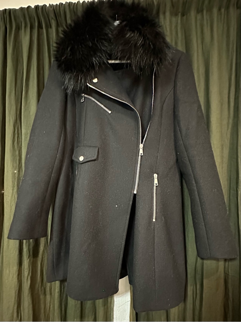 Zara Black Wool Pea Coat With Faux Fur Collar